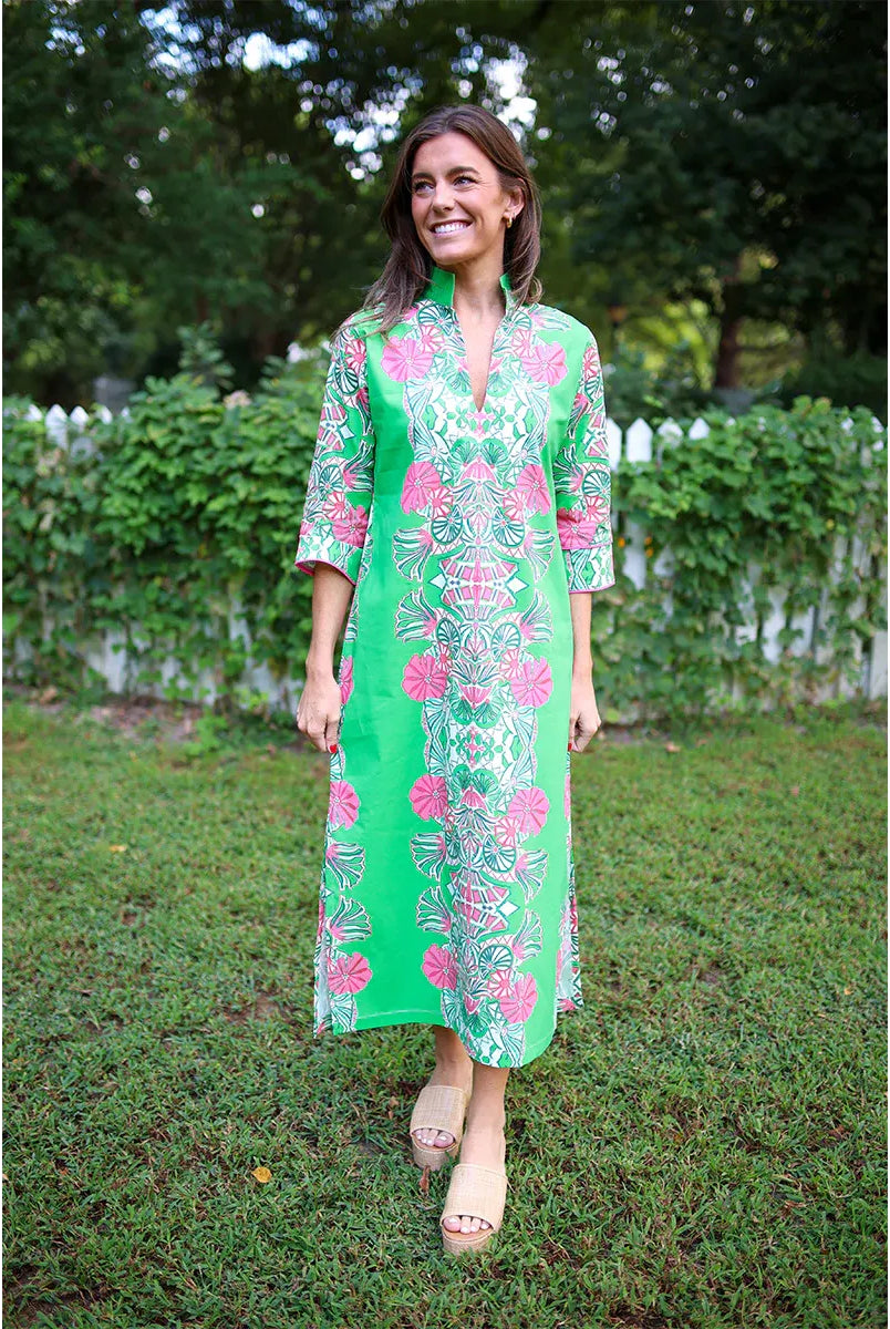 Jade Garden Pippa dress by House of MBR, flowing floral dress with green and pink hues, displayed on a mannequin.