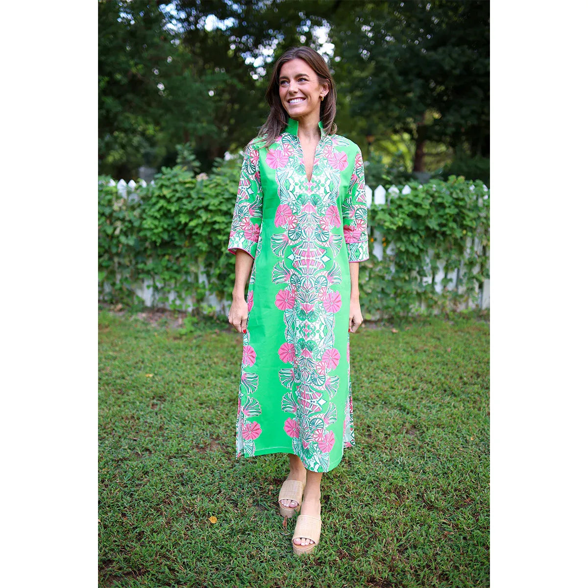 Jade Garden Pippa dress by House of MBR, flowing floral dress with green and pink hues, displayed on a mannequin.