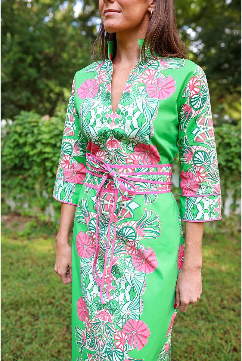 House of MBR Jade Garden Obi Sash accessory with intricate green and gold floral design on silk fabric.