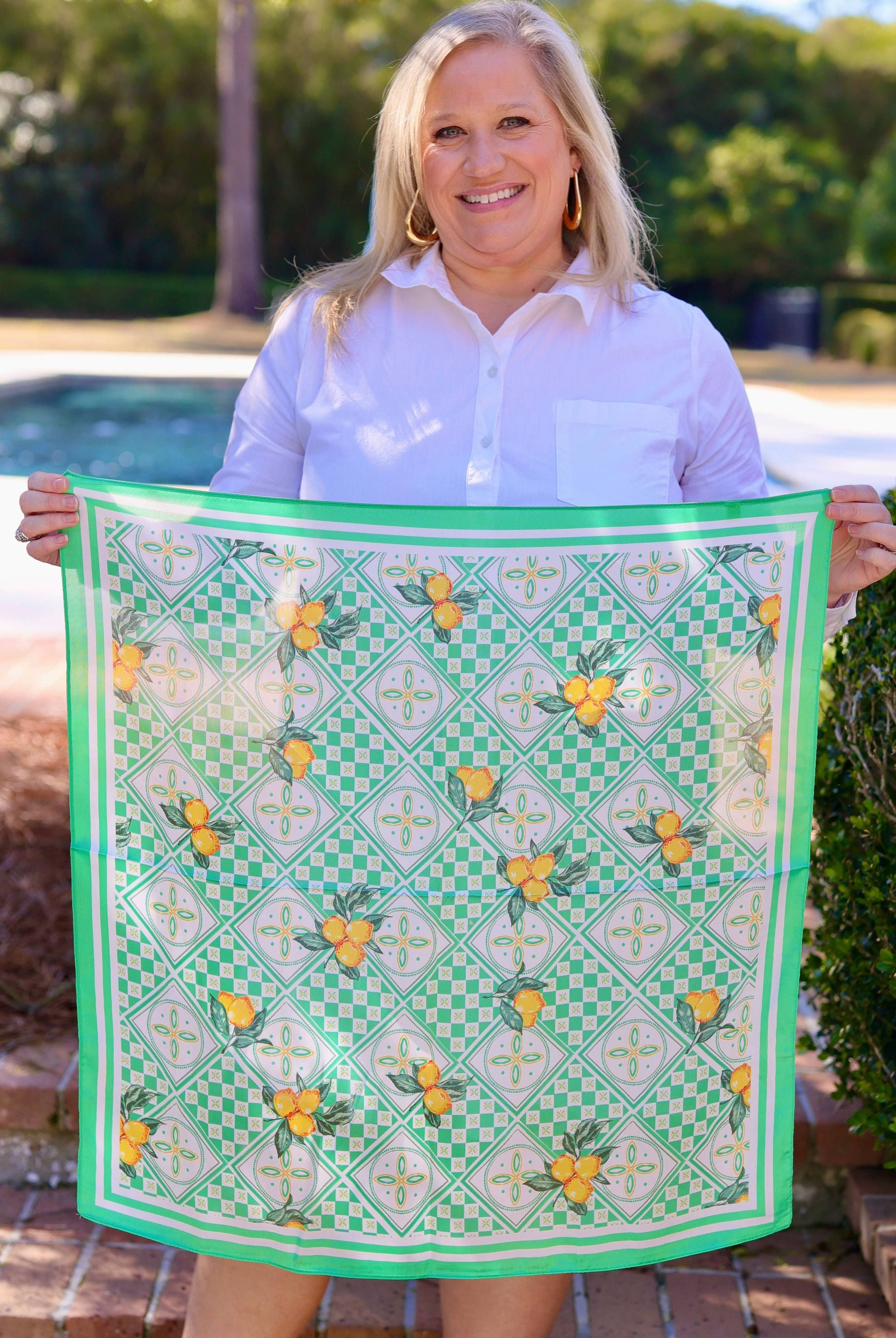 Green Naples Citrus print scarf by Caroline Hill, lightweight accessories with vibrant citrus pattern, soft fabric, stylish and versatile.