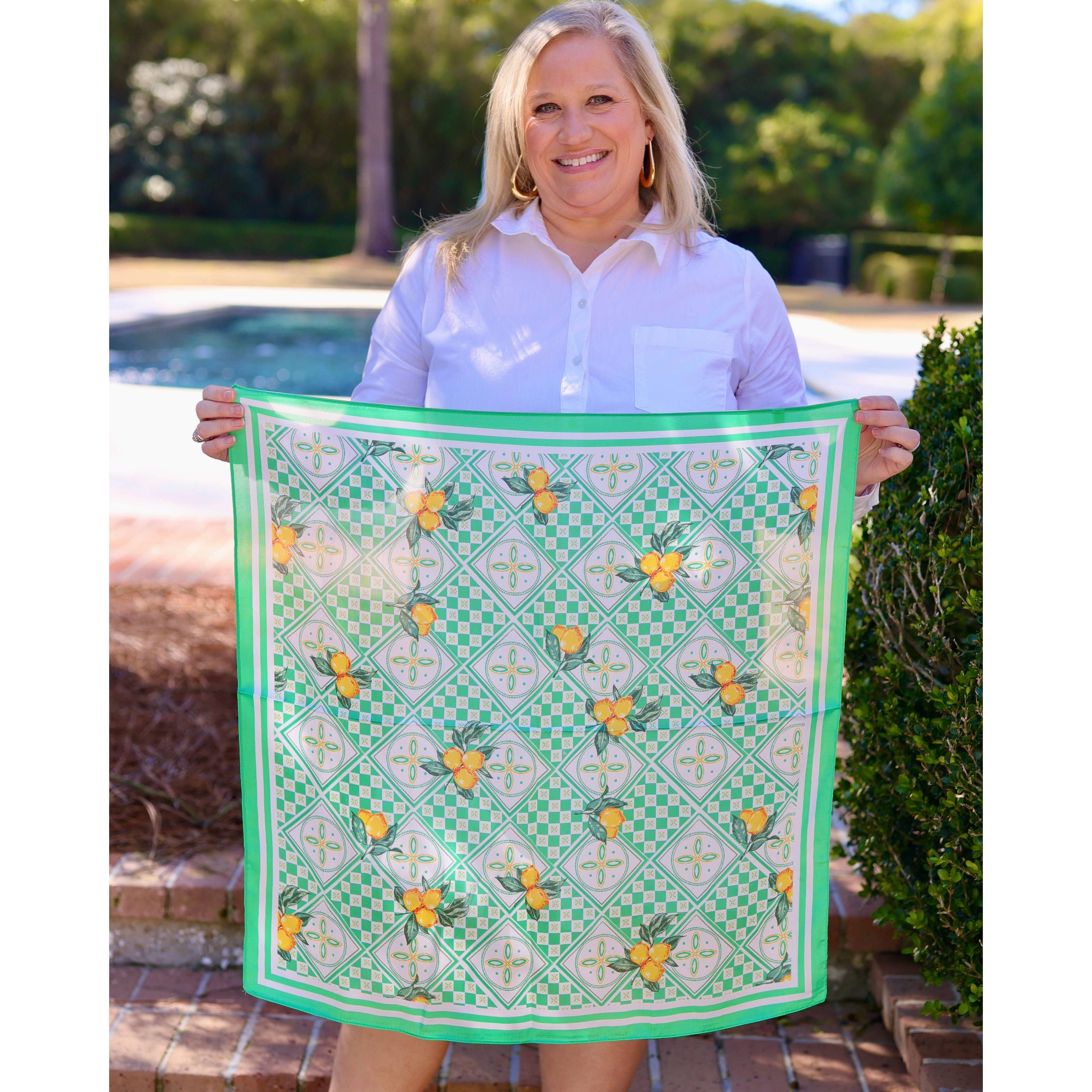 Green Naples Citrus print scarf by Caroline Hill, lightweight accessories with vibrant citrus pattern, soft fabric, stylish and versatile.