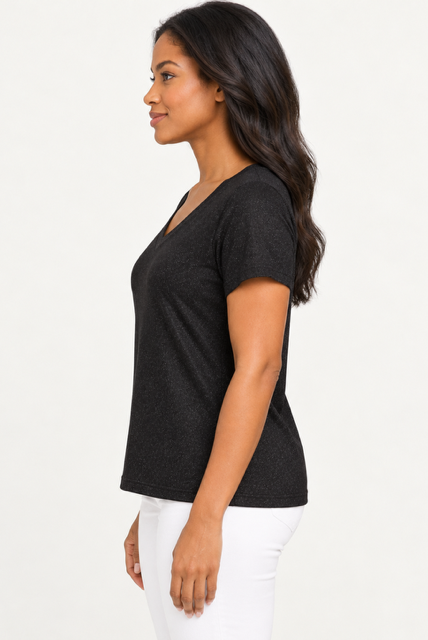 Amaya Top by Another Love in black, side view showing short sleeves and gently relaxed silhouette