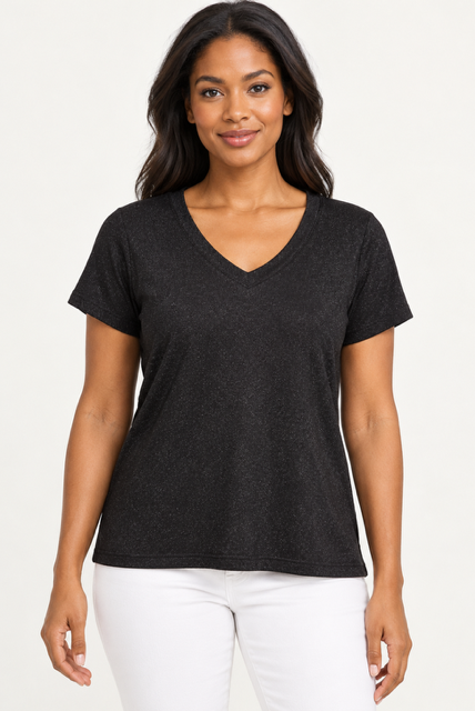 Amaya Top by Another Love in black, front view showing V-neckline, short sleeves, and straight hem