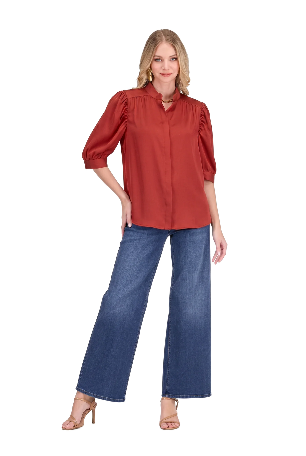 Callie Top by Jade in apple red — puff sleeve button-front top with band collar and concealed placket, full front view