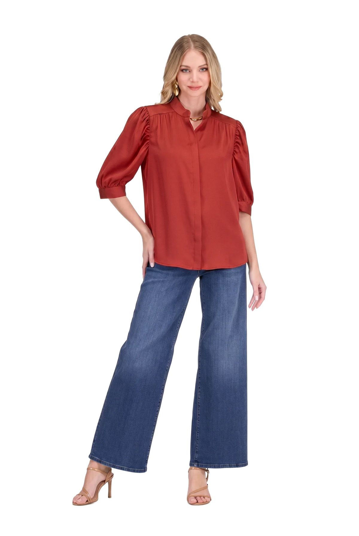 Callie Top by Jade in apple red — puff sleeve button-front top with band collar and concealed placket, full front view