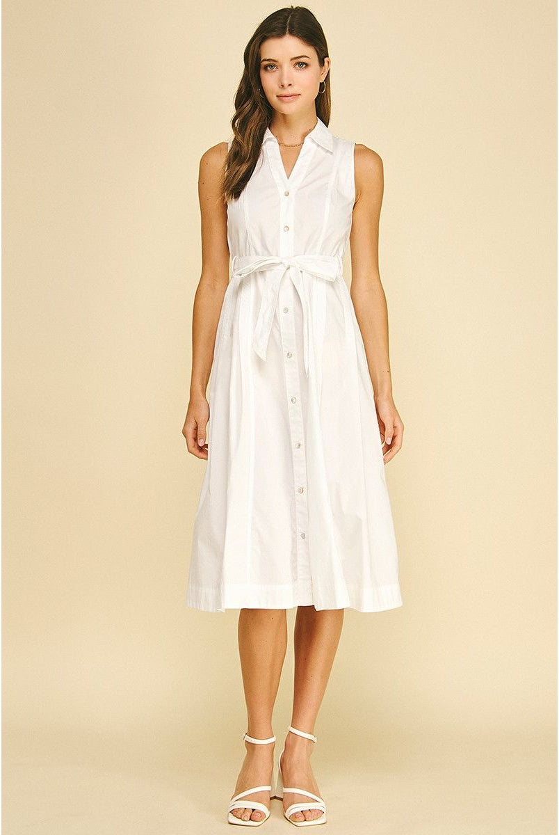 Abby Dress Pinch white sleeveless button-front shirt dress, point collar, self-tie waist, A-line midi - Marj & Lizzie