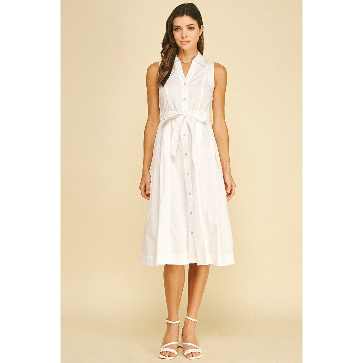 Abby Dress Pinch white sleeveless button-front shirt dress, point collar, self-tie waist, A-line midi - Marj & Lizzie