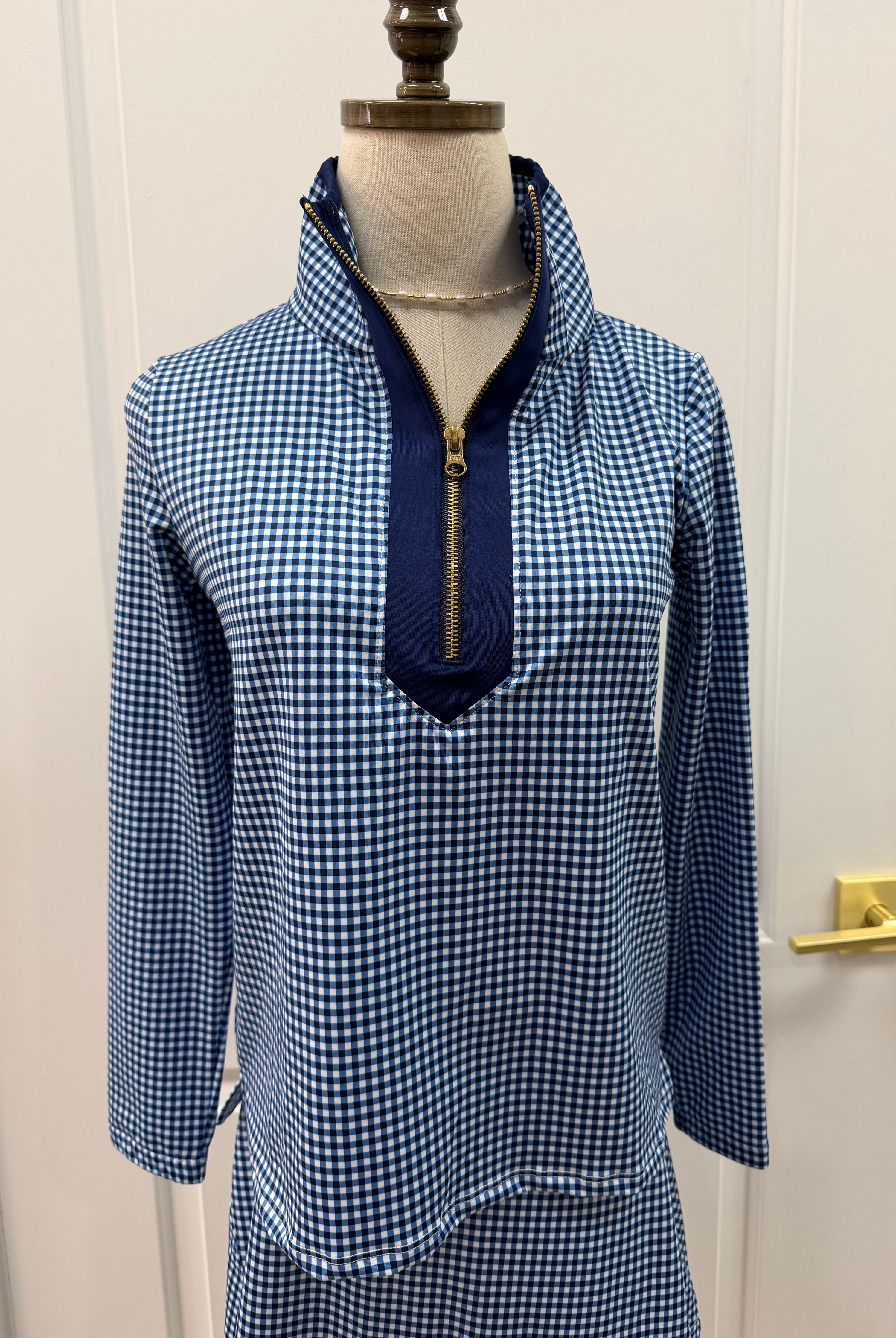 Active Tory Top in Navy Gingham Duffield Lane Quarter zip
