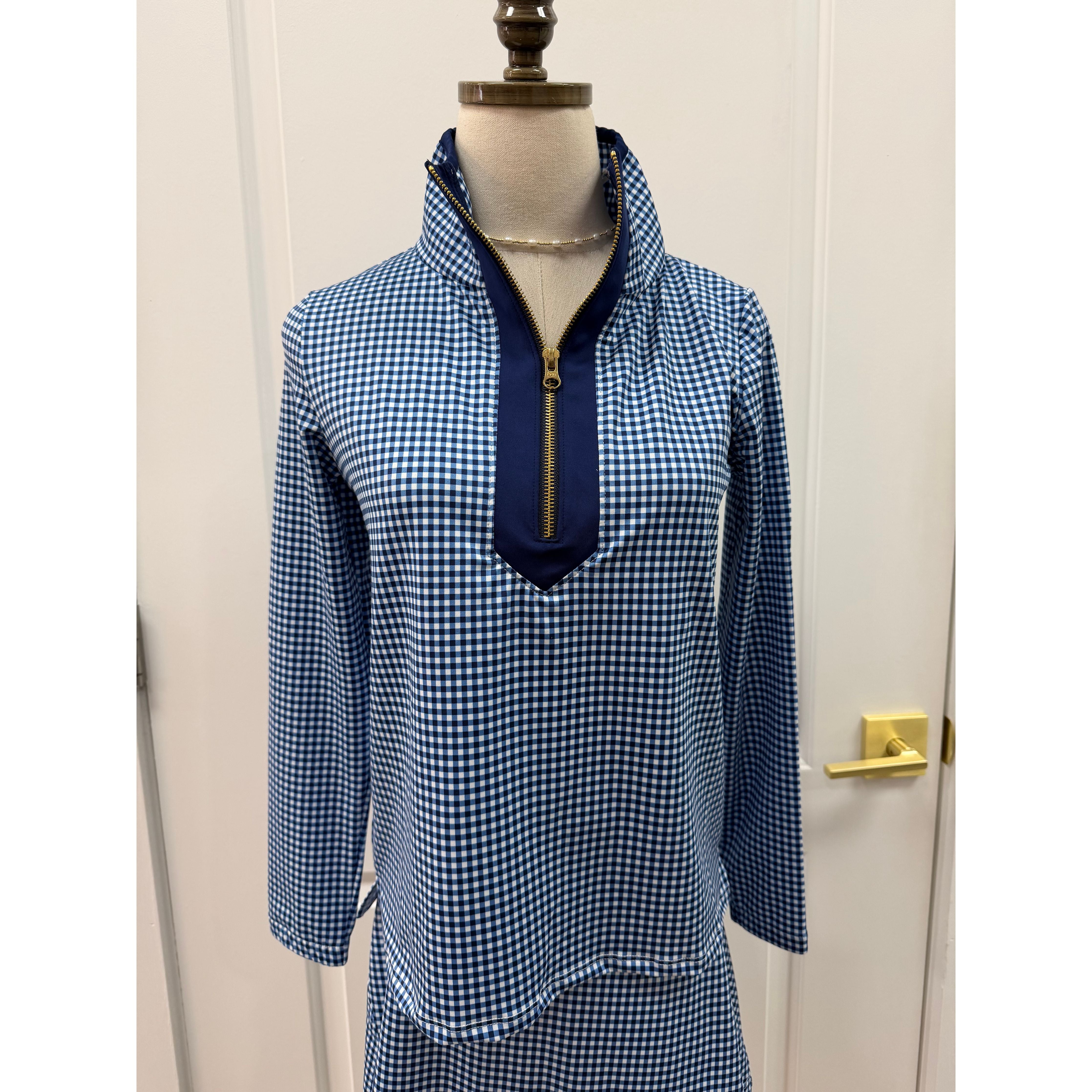 Active Tory Top in Navy Gingham Duffield Lane Quarter zip