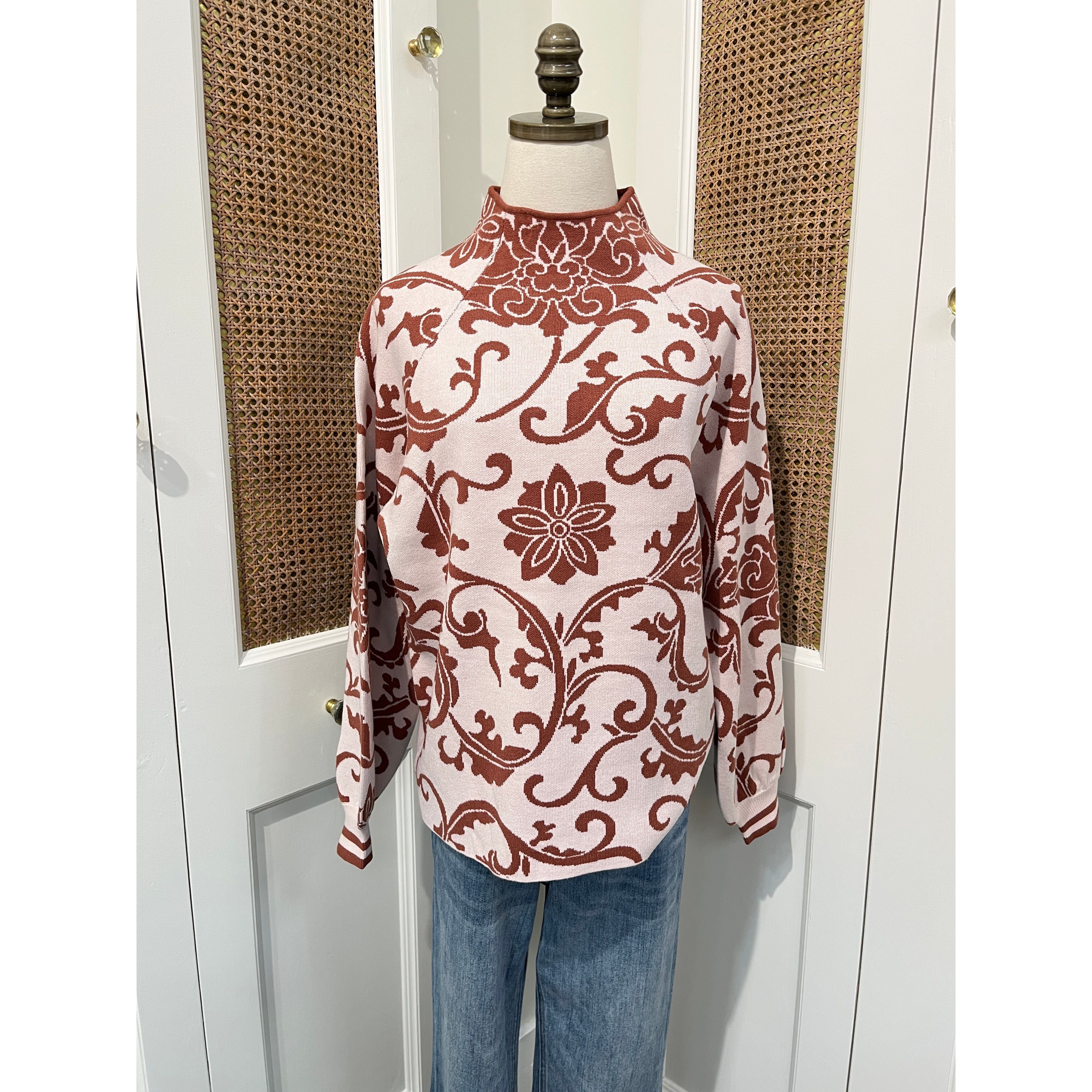 Alisa Sweater Fate Style # FW10405 blush brown floral and vine pattern jacquard knit