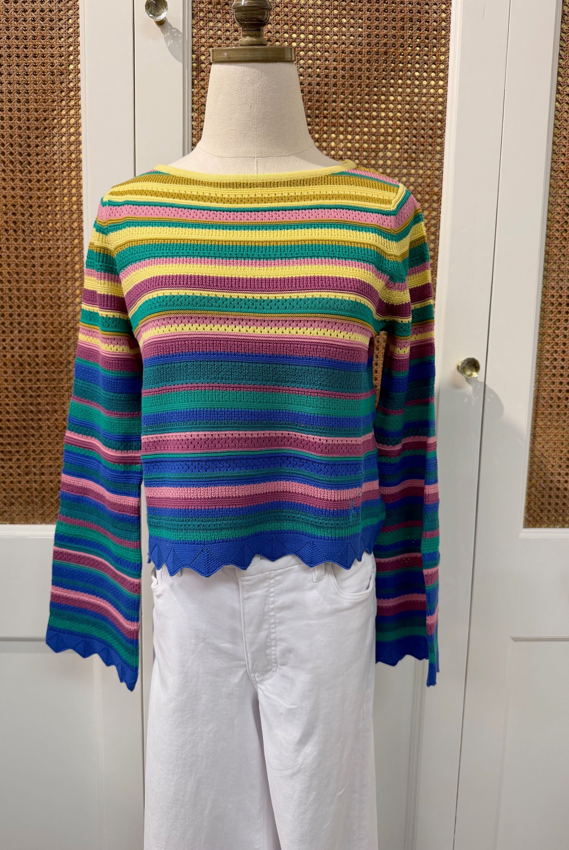 Alivia Abigail sweater in sunset stripe knit featuring long sleeves and a cozy, stylish design perfect for casual wear.