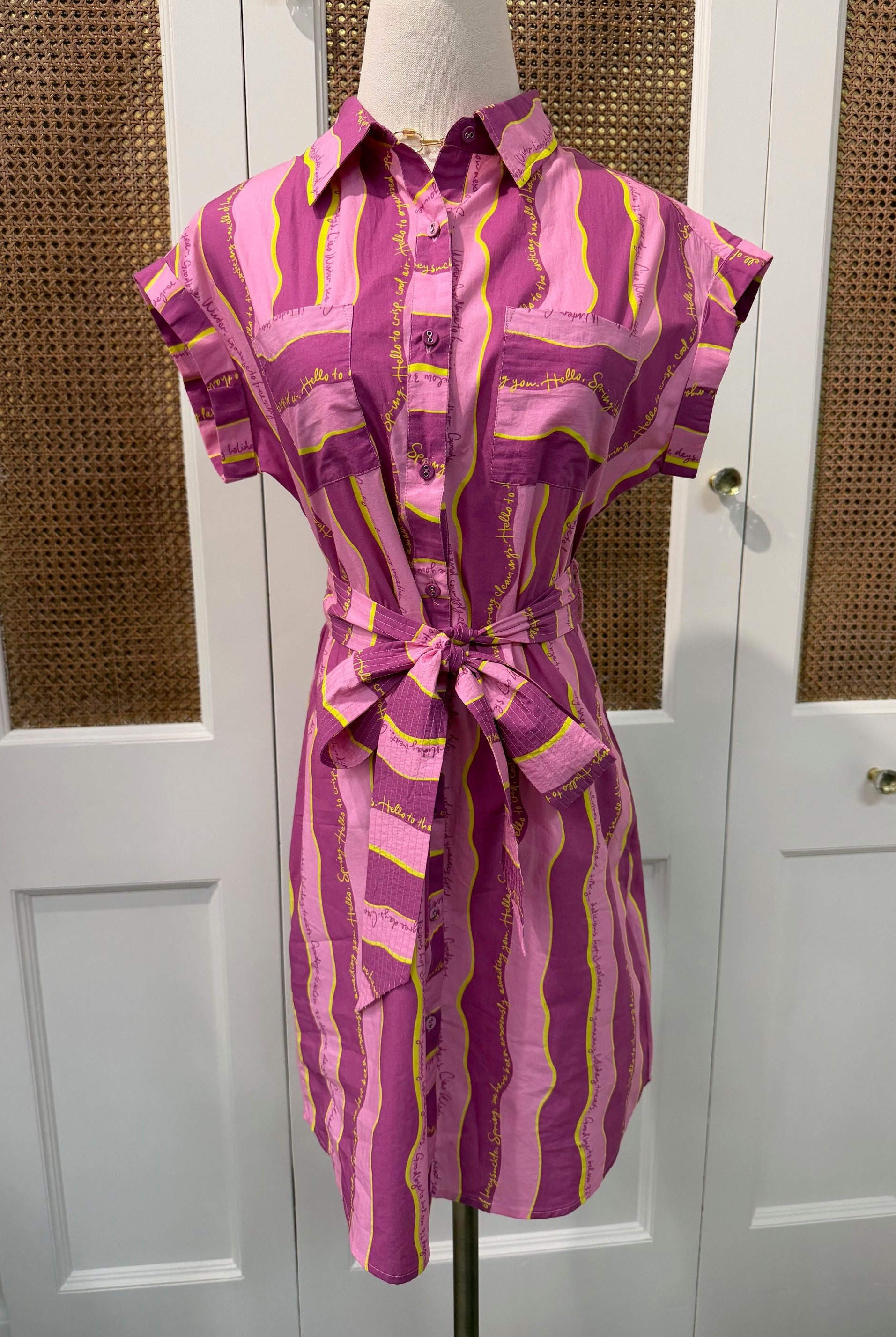 Pink and white striped Alivia Whitney Dress featuring a shirt-style design, perfect for casual or semi-formal wear.