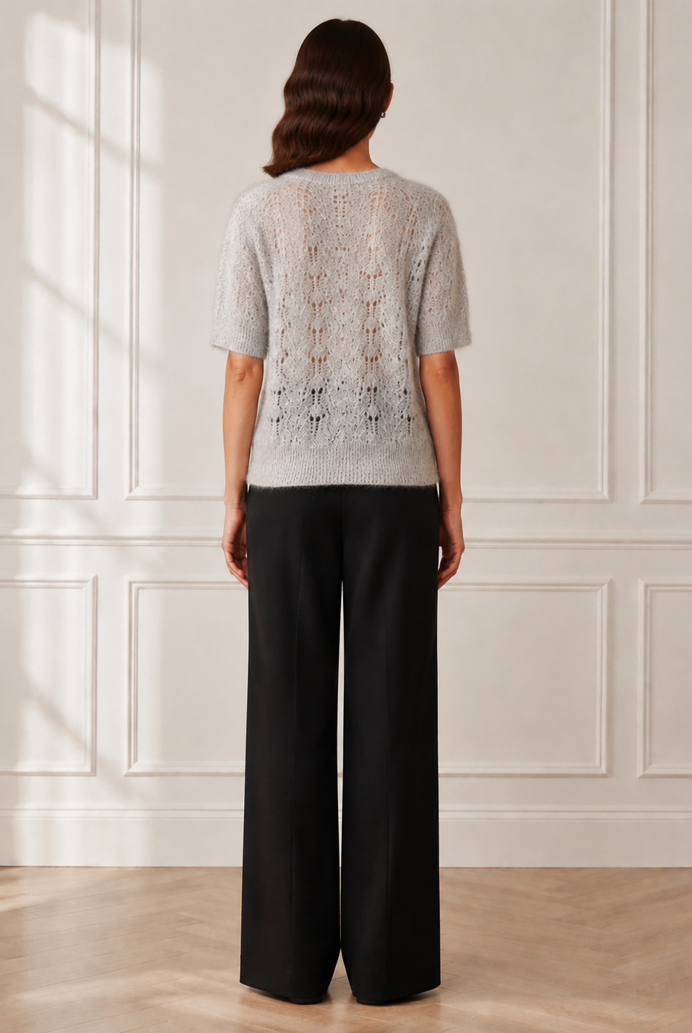 Another Love Amila Top in heather gray, short-sleeve pointelle openwork knit sweater, back view