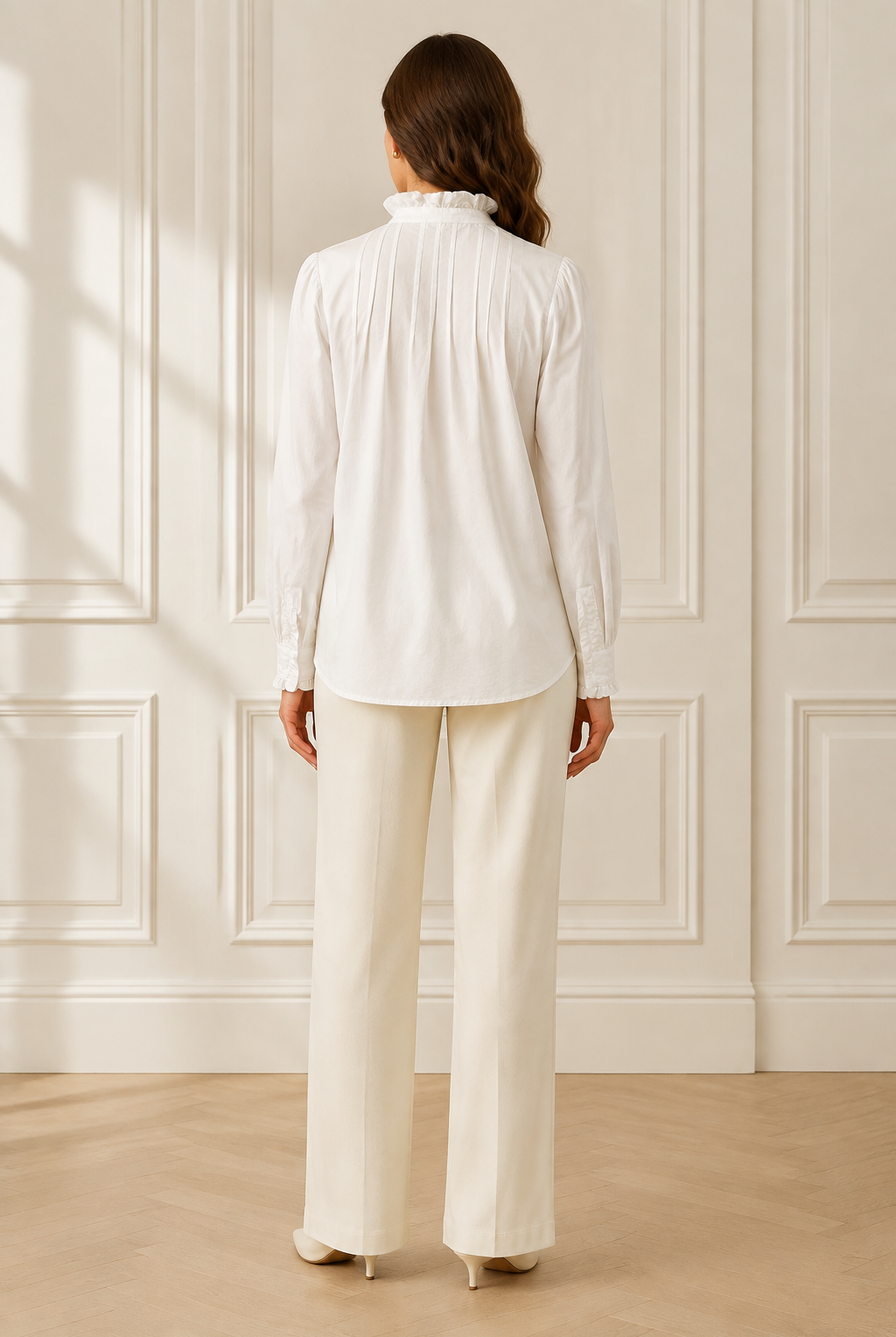 Back — pin-tuck pleating and ruffle collar