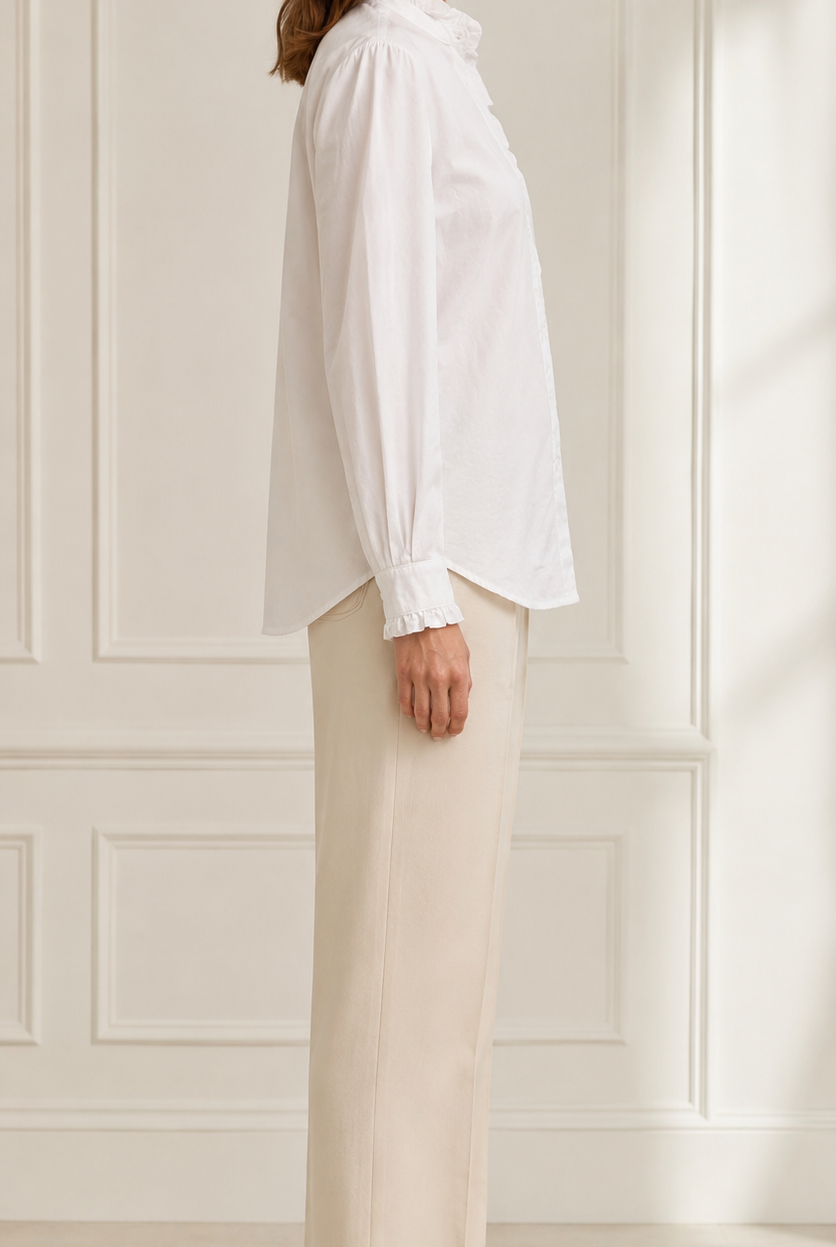 Side — ruffled cuffs and relaxed silhouette