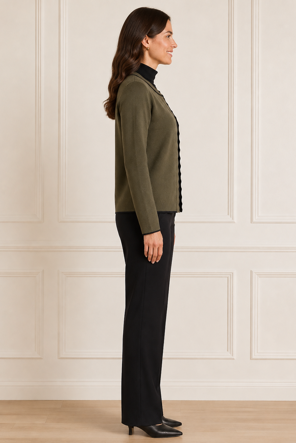 Another Love Zoellie Cardigan in olive rosemary, long-sleeve open-front cardigan with scalloped black trim, side view