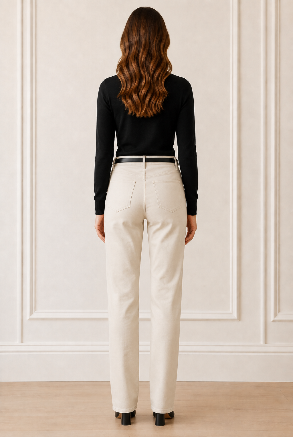 Another Love Barie Pants in oyster cream vegan leather, high-rise straight leg with back pockets, back view
