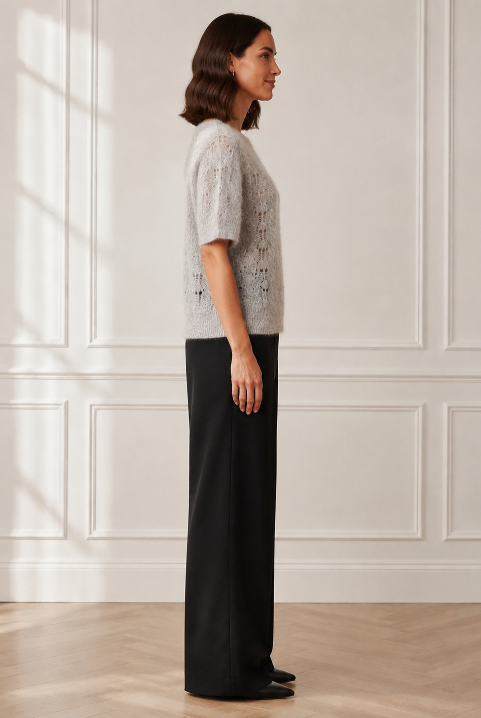 Another Love Amila Top in heather gray, short-sleeve pointelle knit sweater with banded hem, side view