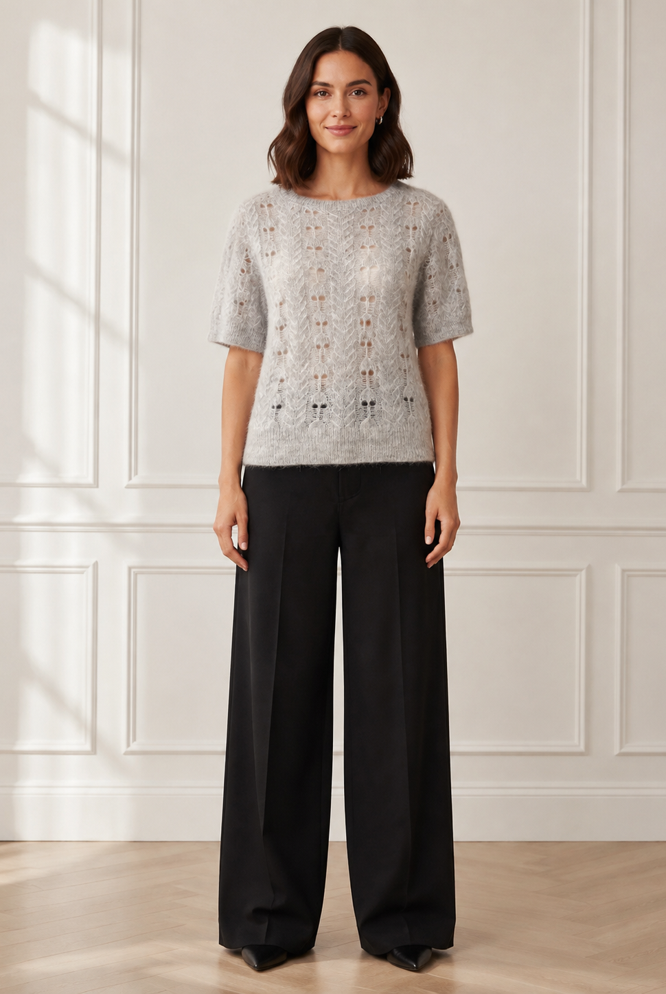 Another Love Amila Top in heather gray, short-sleeve pointelle knit sweater with banded hem, front view