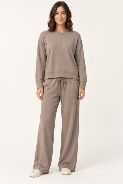 Carlo Top by Another Love in Hazelwood, front view showing crewneck, dropped shoulders, long sleeves, and center seam