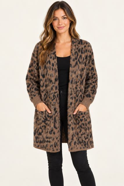 Devine Cardigan by Another Love in French Roast leopard, front view showing open front, patch pockets, and ribbed cuffs