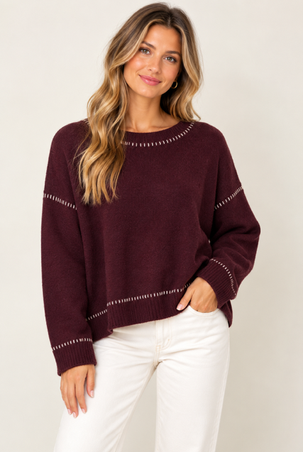 Millie Sweater by Another Love in burgundy with contrast embroidery at neckline, shoulders, cuffs and hem, front view Style#VCSW3352BOX