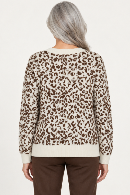 Mina Sweater by Another Love, back view showing leopard pattern, long sleeves, and contrasting cream trim