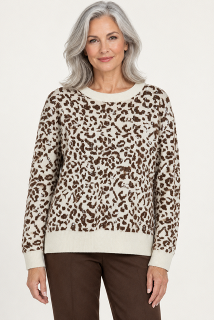 Mina Sweater by Another Love, front view with sequined leopard pattern, cream crewneck, cuffs, and hem