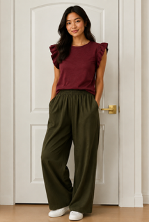 North Top Merlot by Another Love — crew neck, flutter sleeves, relaxed fit, slub knit | Marj & Lizzie