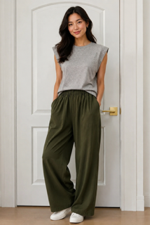 Another Love Paris Pants Olive Green — relaxed wide-leg pant, elastic waist, straight leg, front view | Marj & Lizzie