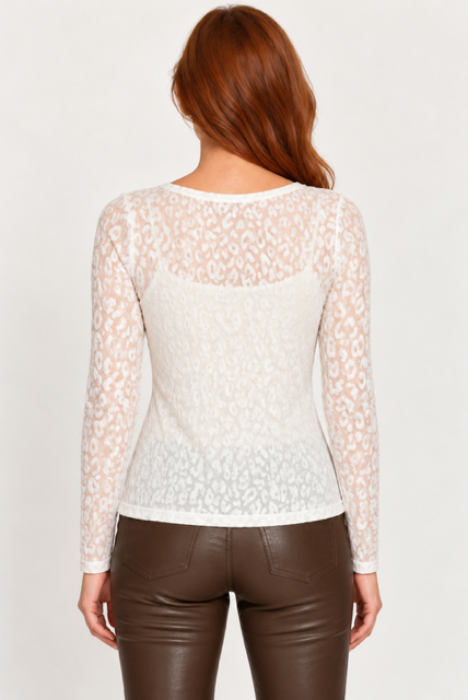 Rafaela Top by Another Love in ivory, back view showing velvet burnout pattern, sheer upper back, and long sleeves