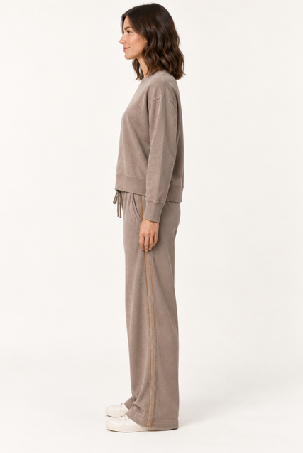 Zahara Pant by Another Love in taupe, side view showing contrasting trim along the full-length straight leg