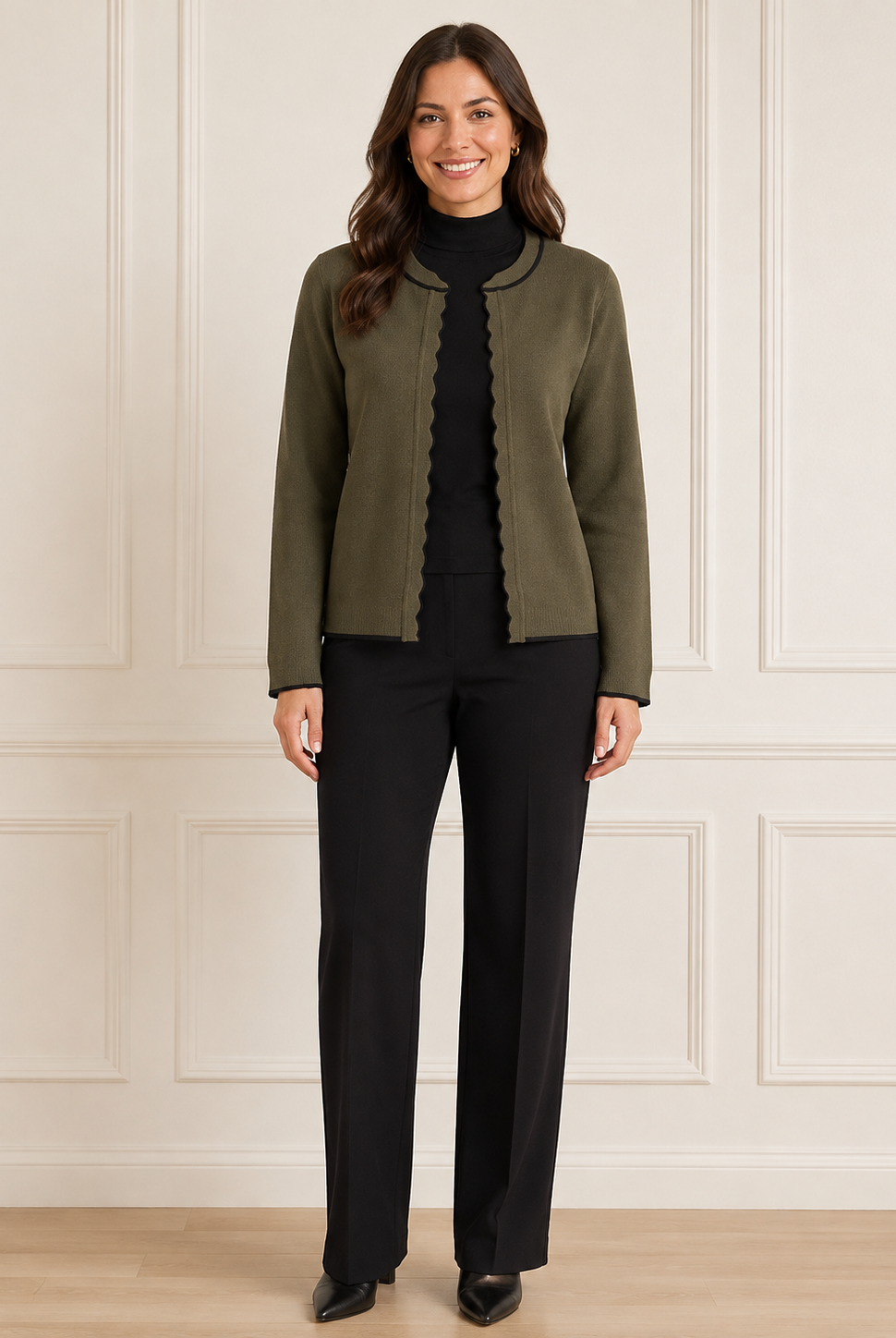 Another Love Zoellie Cardigan in olive rosemary, open-front with scalloped black trim along neckline and hem, front view