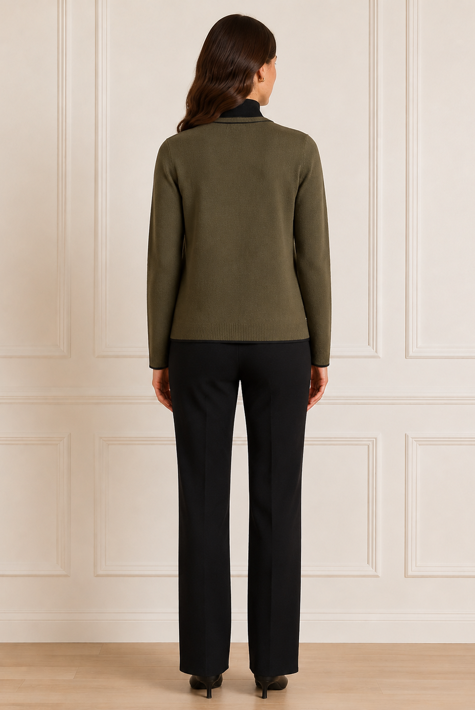 Another Love Zoellie Cardigan in olive rosemary, open-front cardigan with ribbed banded hem and black cuffs, back view