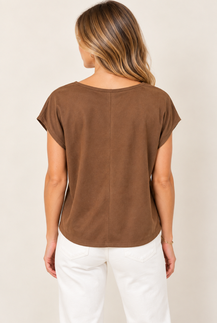 Lacy Top by Another Love in brown with short dolman sleeves, center back seam and curved hem, back view⠋