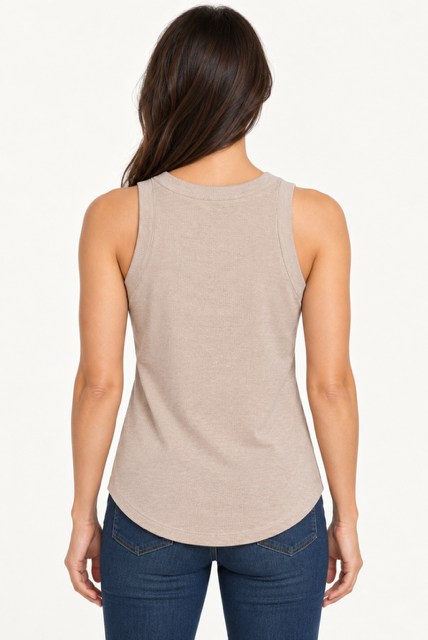 Cleo Top by Another Love in Heathered Oats, back view showing wide shoulder straps and rounded hem