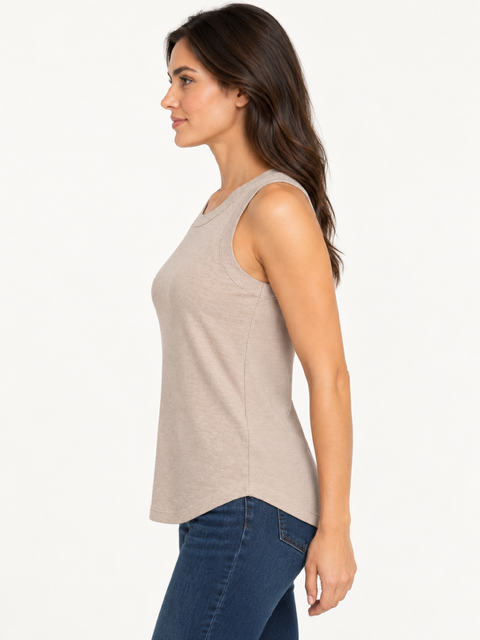 Cleo Top by Another Love in Heathered Oats, side view showing sleeveless silhouette and curved hem