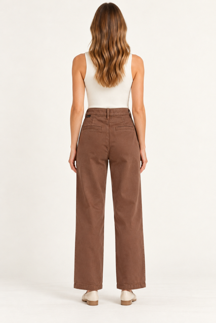 Bristol Pant Brown by Another Love, back view showing back pockets, belt loops, and wide legs