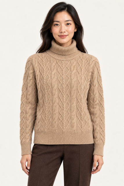 Kamaya Sweater by Another Love in Toasted Almond, front view showing cable knit, foldover turtleneck, and ribbed trim