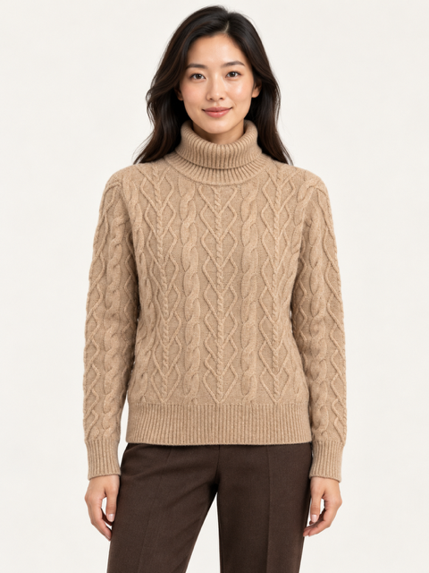Kamaya Sweater by Another Love in Toasted Almond, front view showing cable knit, foldover turtleneck, and ribbed trim