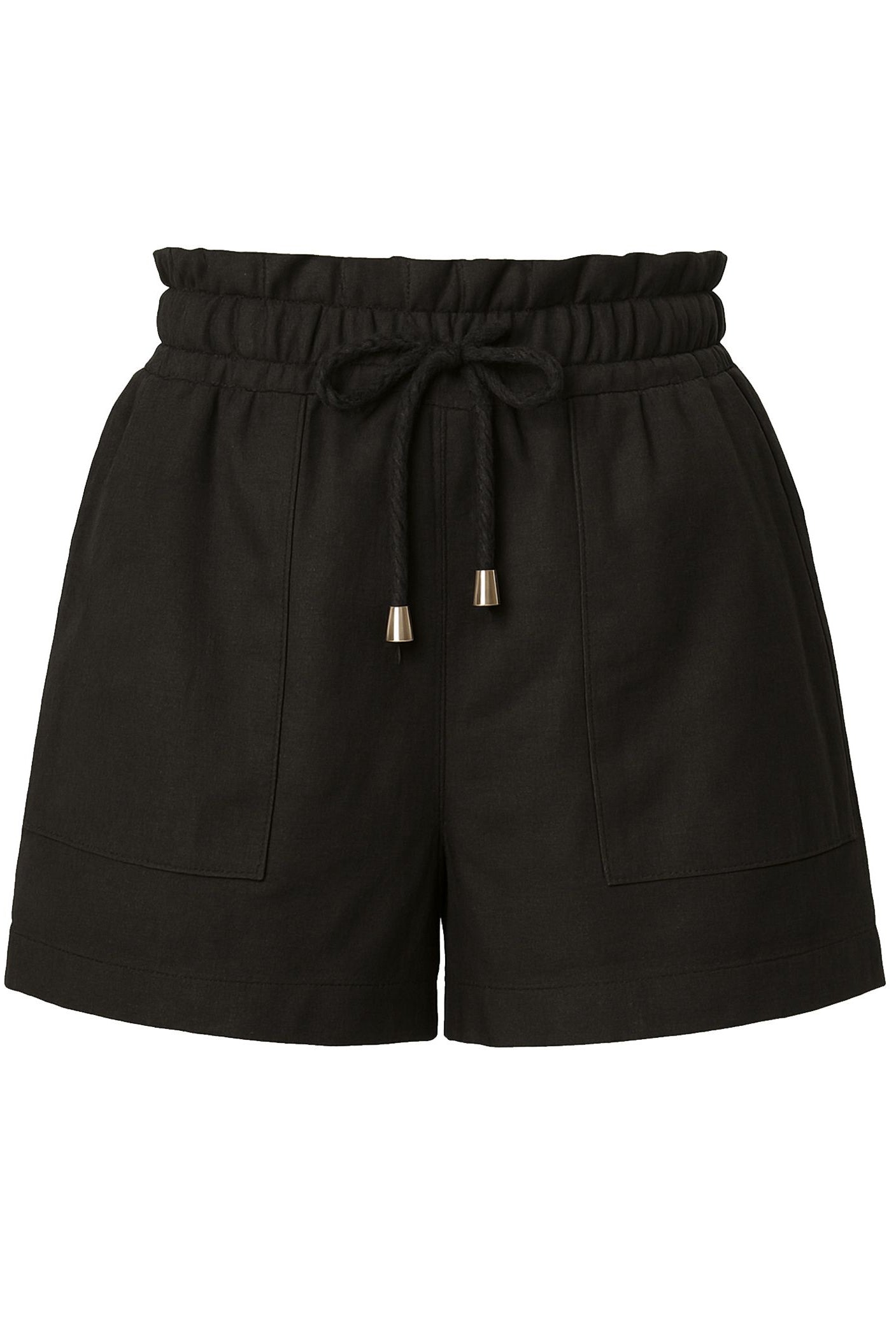 Black embroidered Audra shorts by Another Love, featuring a drawstring waist and casual style.