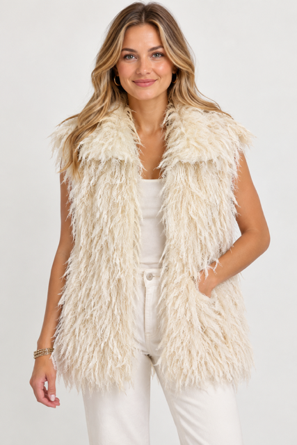 front view: Harlow Vest by Another Love in cream with a collar, button front, and fringe detailing, front view