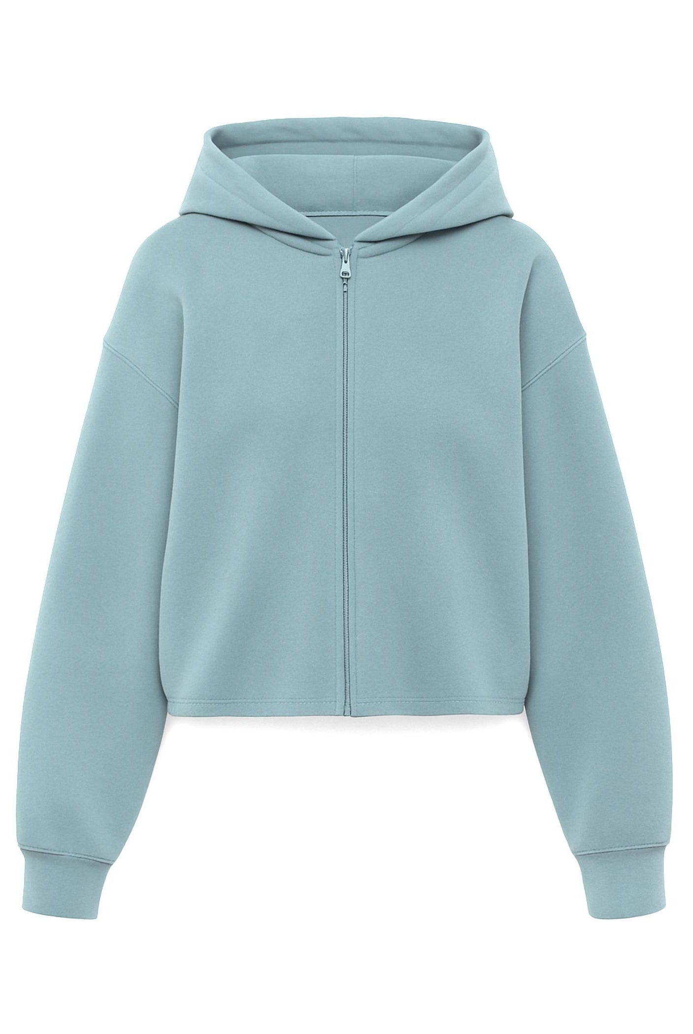 Milky blue Kaia jacket by Another Love featuring a bubble hem and zip-front design.