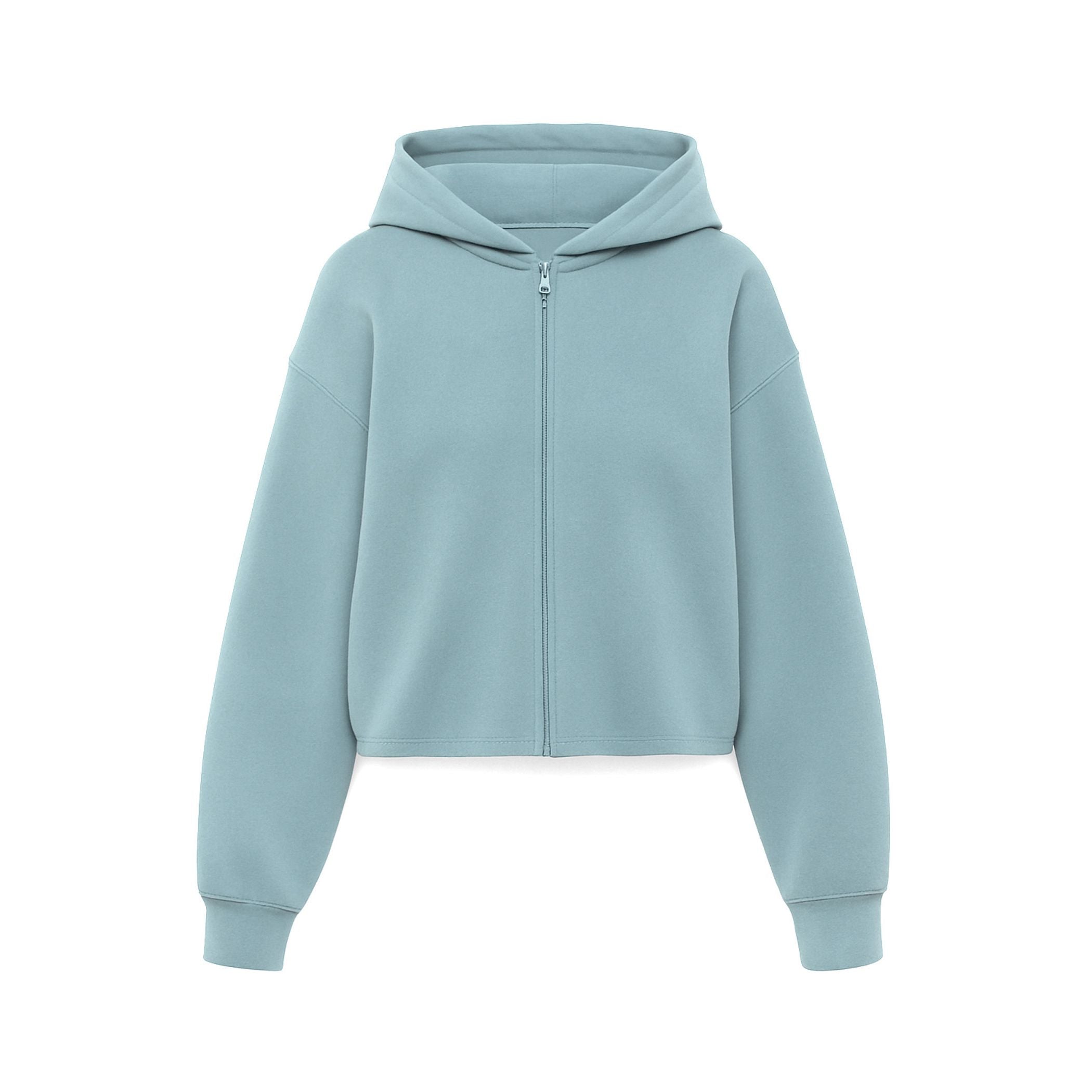 Milky blue Kaia jacket by Another Love featuring a bubble hem and zip-front design.