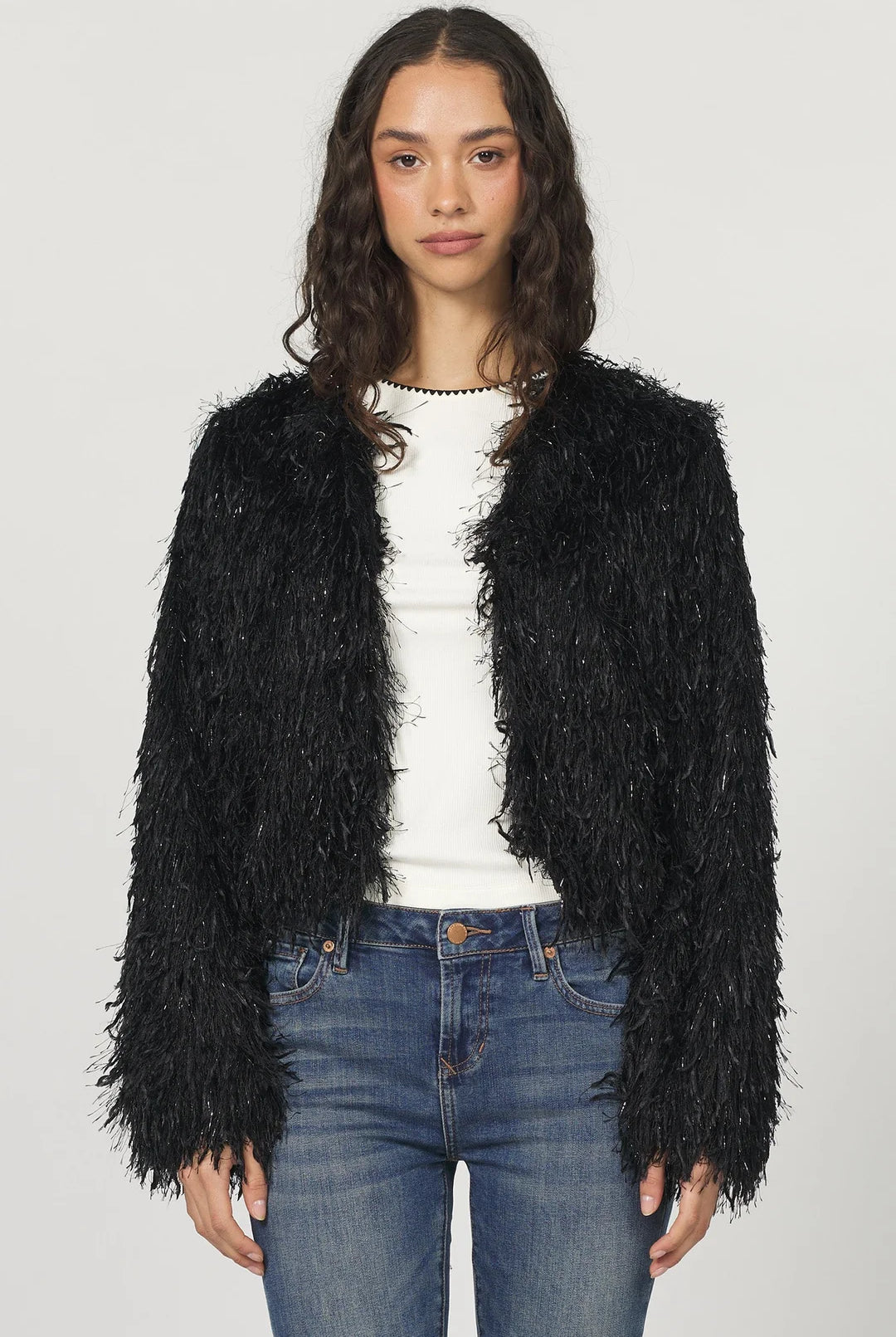 black shaggy faux-fur cropped jacket