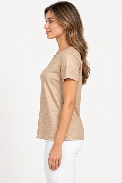 Shyama Top by Another Love in Heathered Gold, side view showing short sleeves and relaxed silhouette