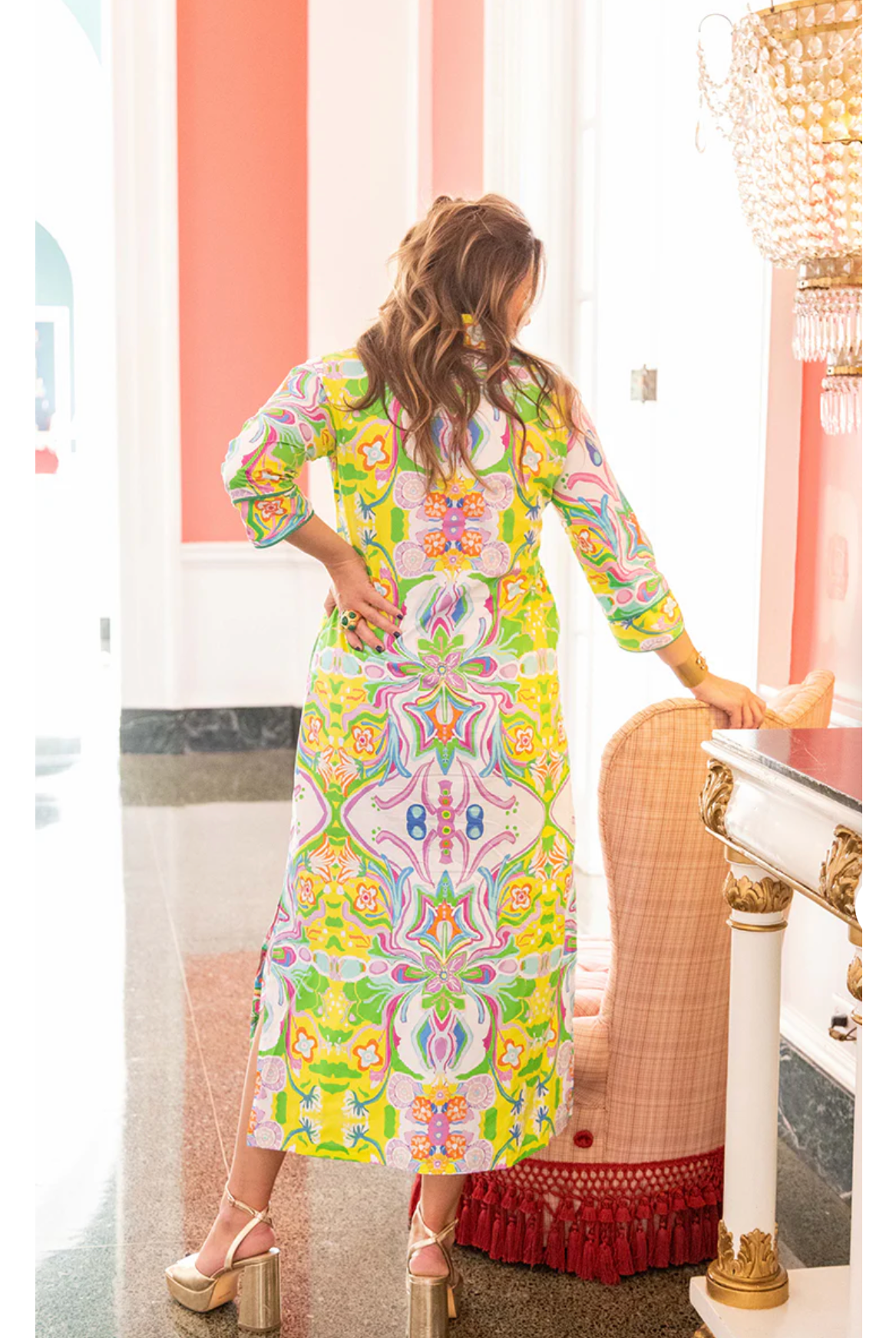 Bouvier Long Caftan Dress by Bardot — back view, cotton poplin maxi caftan, psychedelic medallion print, 3/4 ruffle cuff sleeves