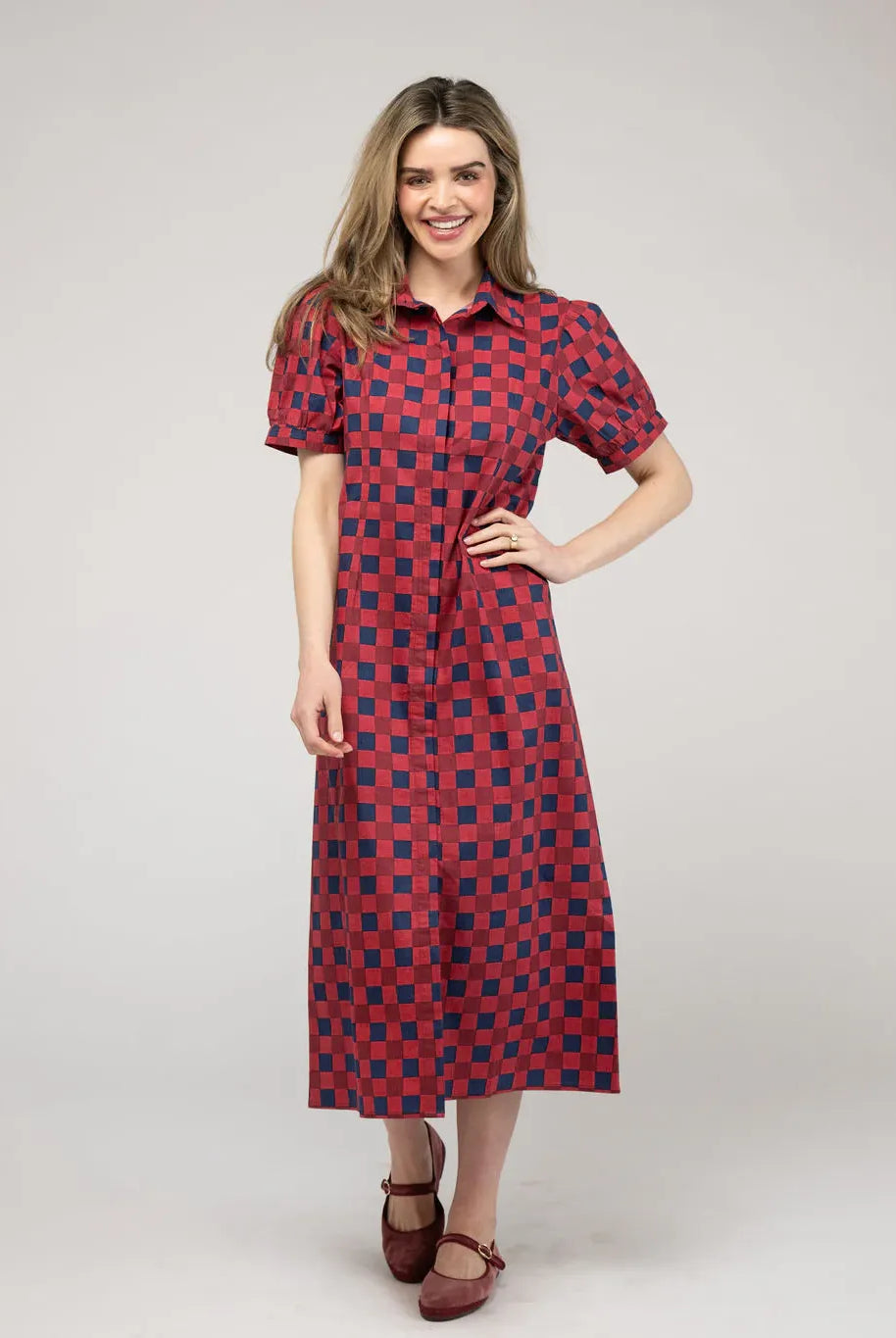 Beau & Ro Kris Cranberry Dress featuring a checkered pattern with block color design, sleeveless with a fitted silhouette.