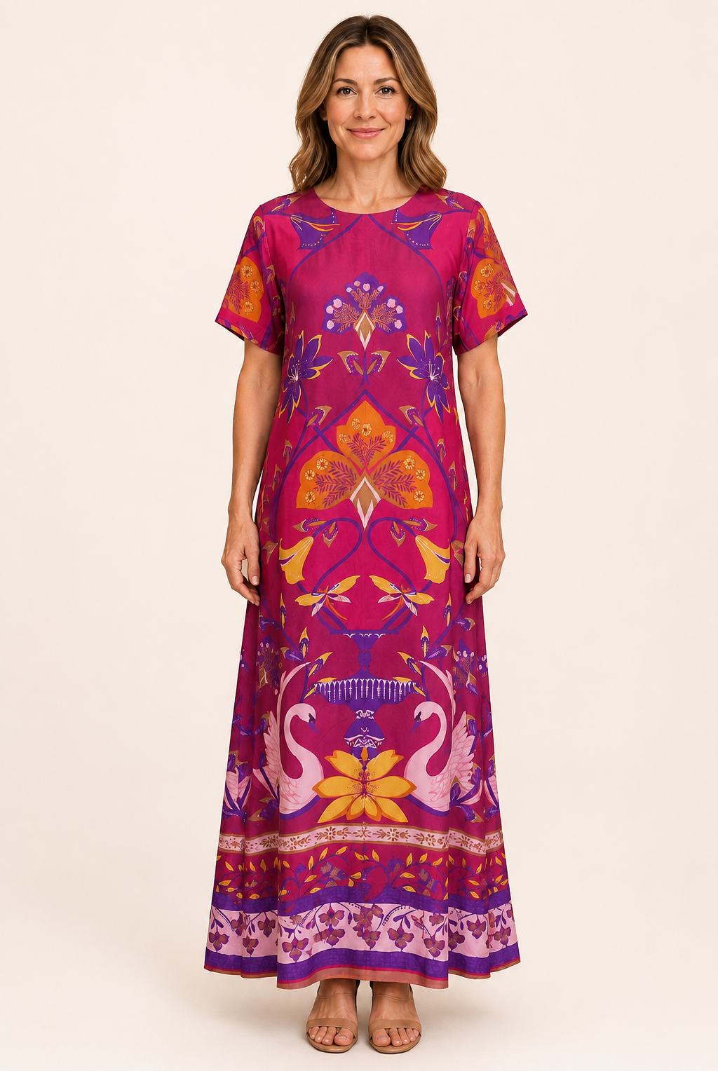 Briton Court Diana Maxi Dress in Sunset Swans print, magenta botanical and swan print with border hem, crew neck short sleeve, front view. style#3913