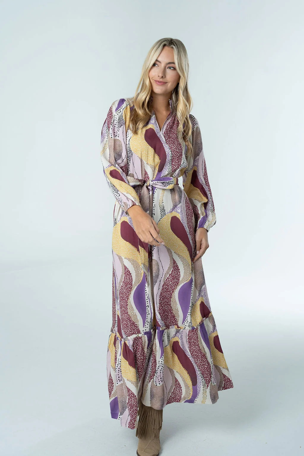 Briton Court Evelyn Maxi Dress in Desert Mirage abstract swirl print, wrap V-neckline with self-tie belt and tiered hem, front view